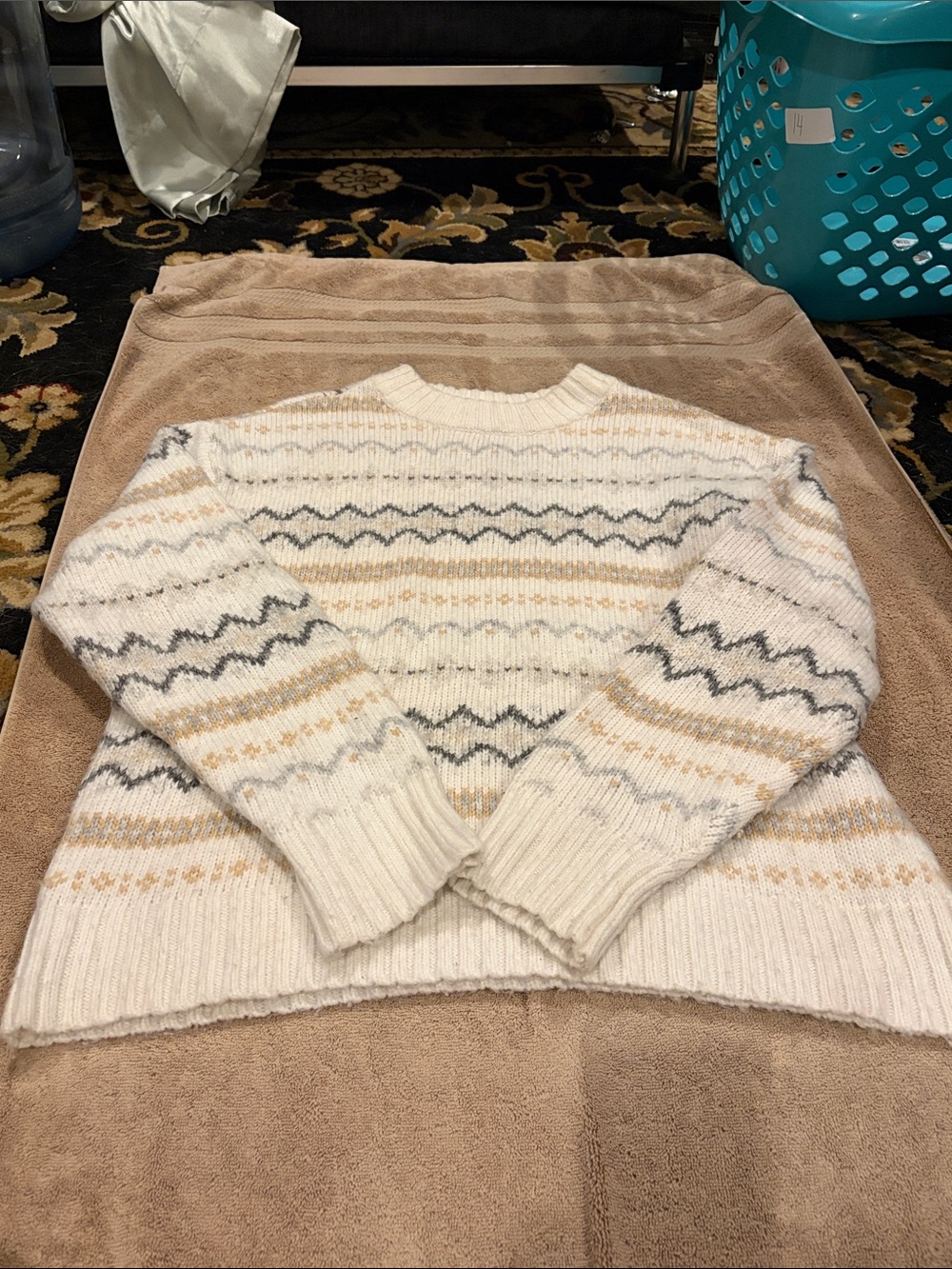 American Eagle Outfitters Cream Crewneck Sweater with Gray & Tan Pattern